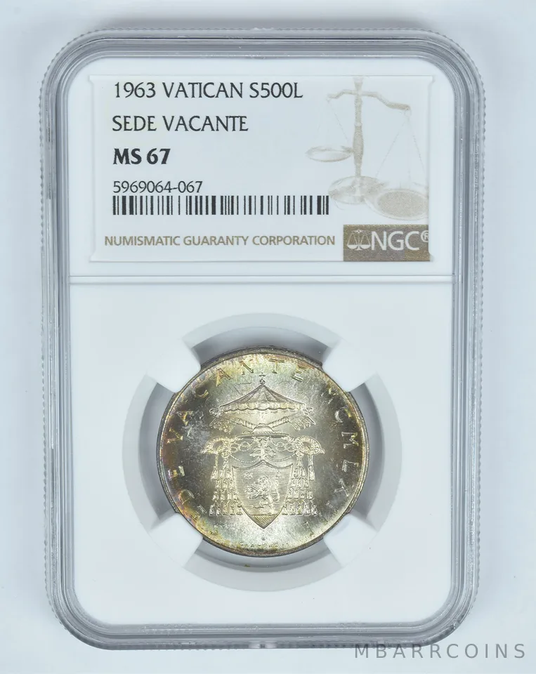 MS67 1963 Vatican 500 Lire Silver - Sede Vacante NGC- INSANE Tone *8879