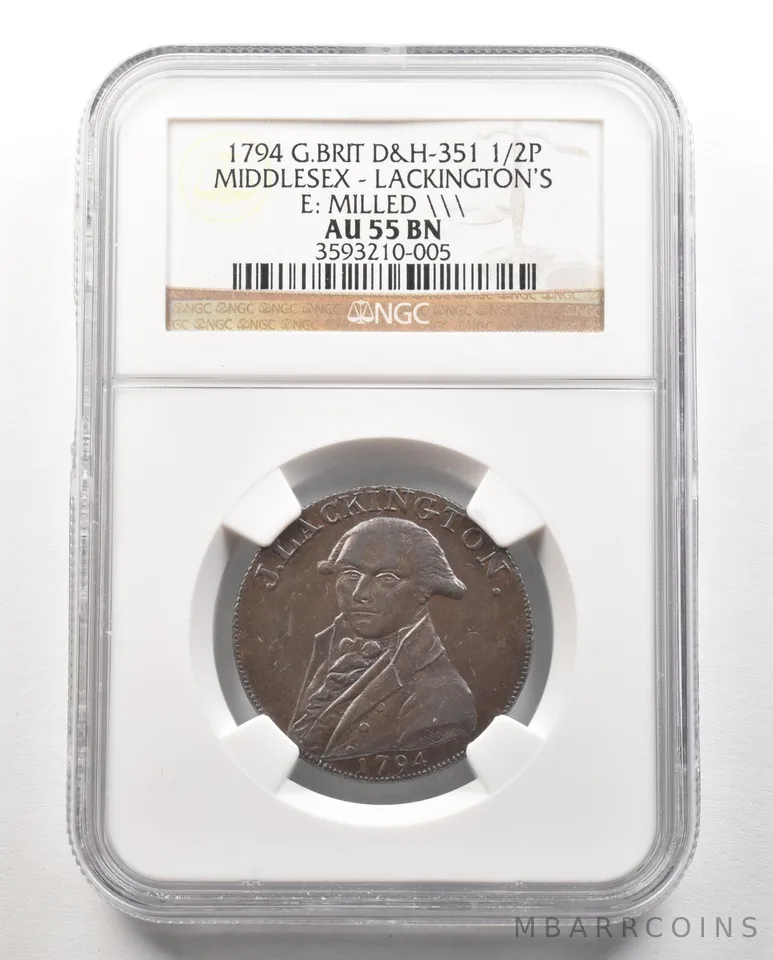 1794 G. Britain D&H-351 1/2 Penny Middlesex-Lackingtons Milled AU55 BN NGC *4742
