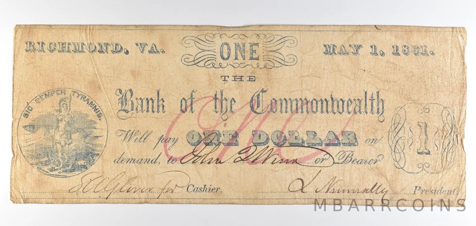 1861 $1 Richmond VA Bank Of The Commonwealth Obsolete Note *8872