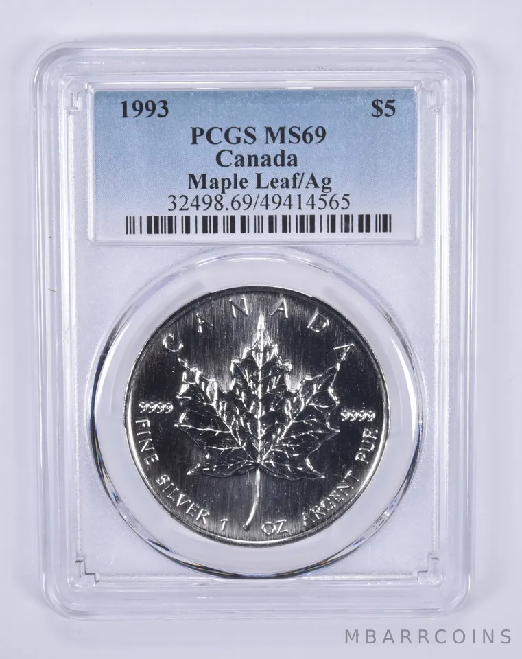 1993 Canada 5 Dollars Silver Maple Leaf MS69 PCGS Blue Label