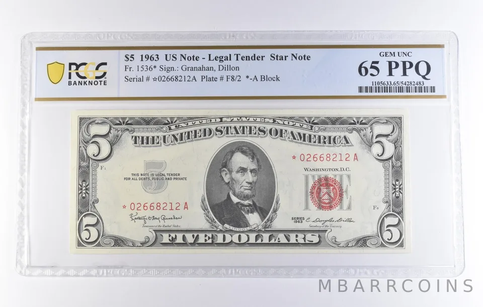 1963 $5 Legal Tender Star Note Fr#1536* Gem Unc 65 PPQ PCGS *8340