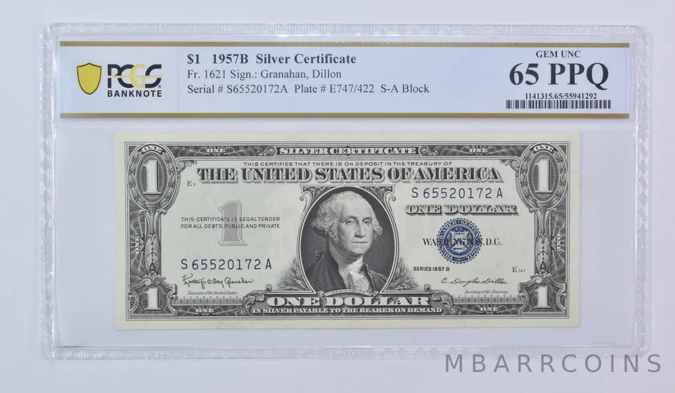 1957 B $1 Silver Certificate Fr#1621 Gem Unc 65 PPQ PCGS