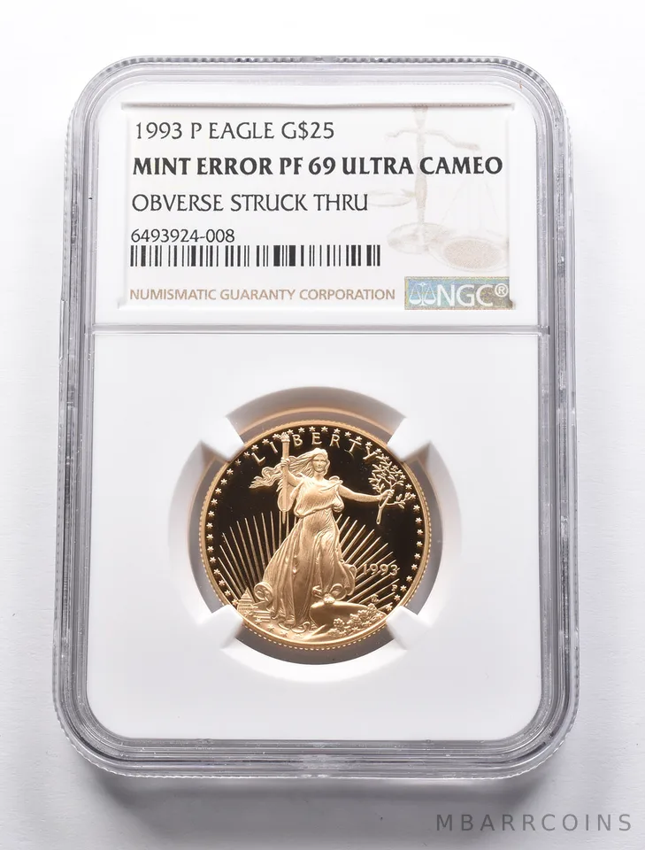 ERROR PF69UCAM 1993-P $25 American Gold Eagle 1/2oz Gold OBV Strk Thru NGC *9484