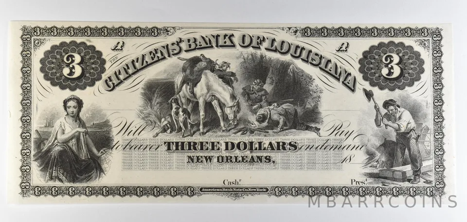 1800s $3 New Orleans LA Citizens Bank Obsolete Note *8836