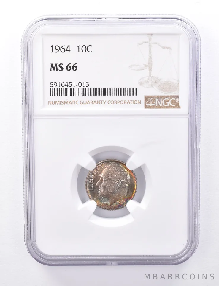 MS66 1964 Roosevelt Dime - Graded NGC Rainbow Toned *4402