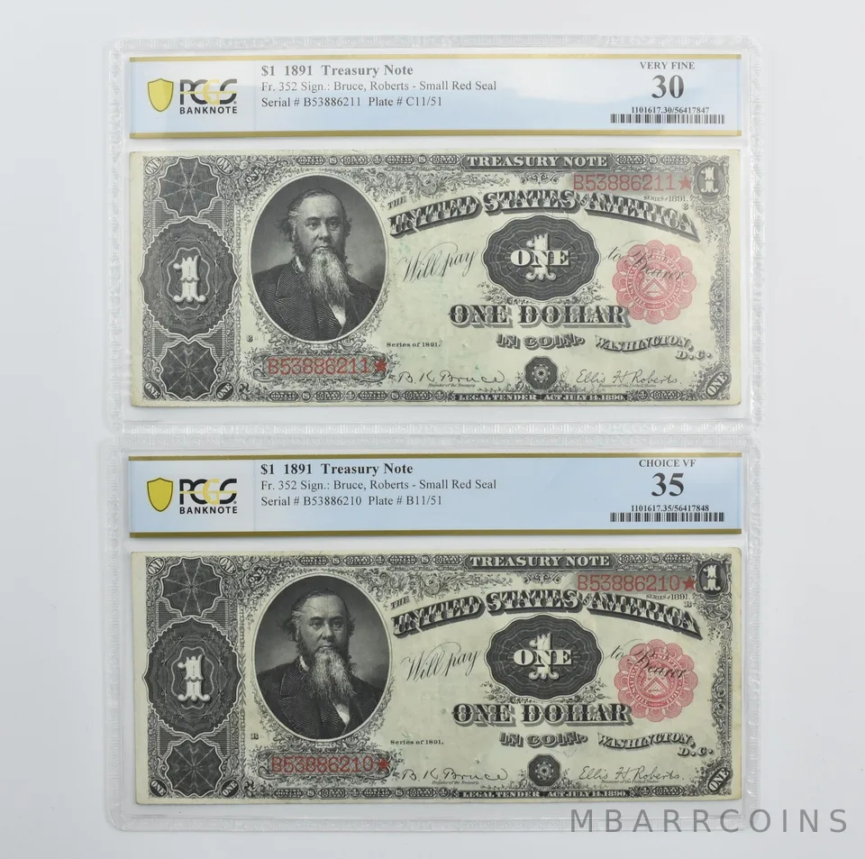 Lot (2) 1891 $1 Treasury Note Fr#352 Very Fine 30 PCGS Consecutive *4228