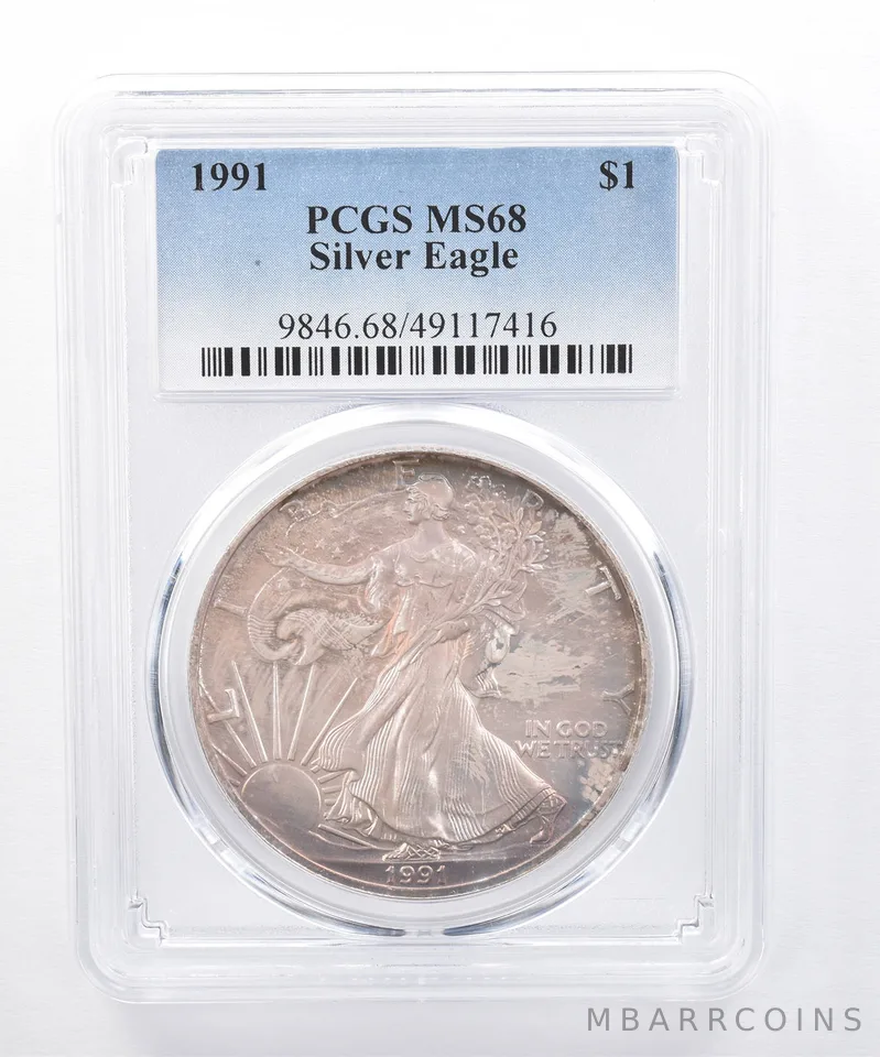 1991 American Silver Eagle MS68 PCGS Iridescent Tone *8406