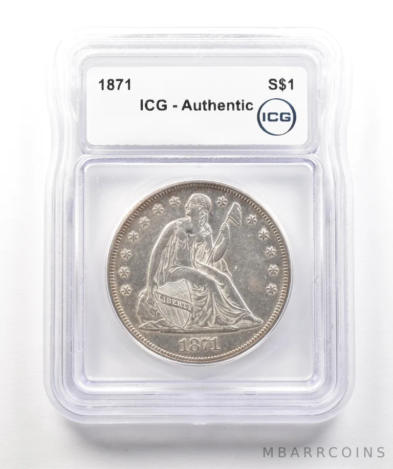 1871 Seated Liberty Silver Dollar Authentic ICG a4317