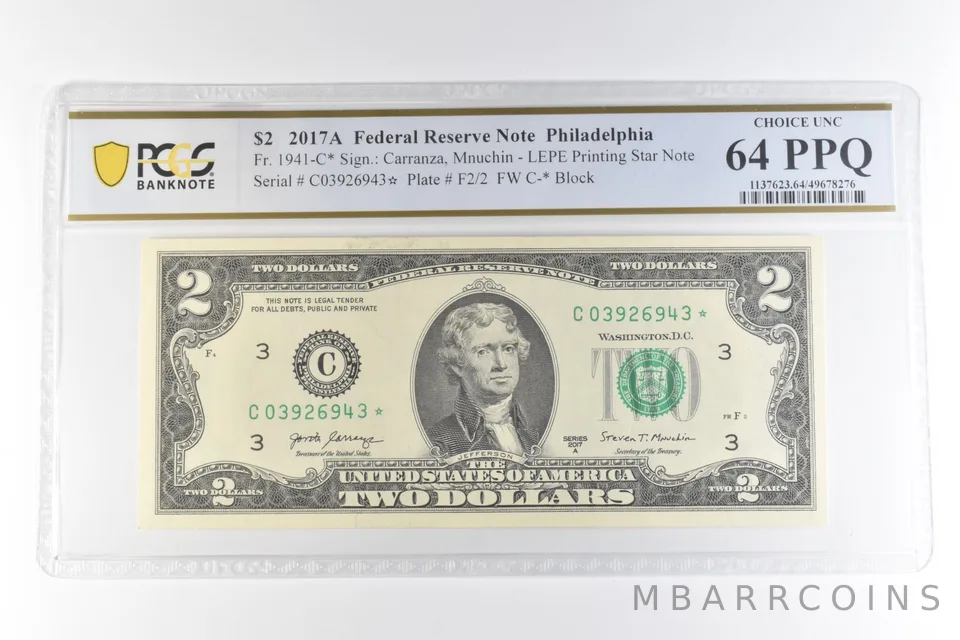 2017 A $2 Philadelphia PA FRN Fr#1941-C* LEPE Printed Star 64 PPQ PCGS *0675