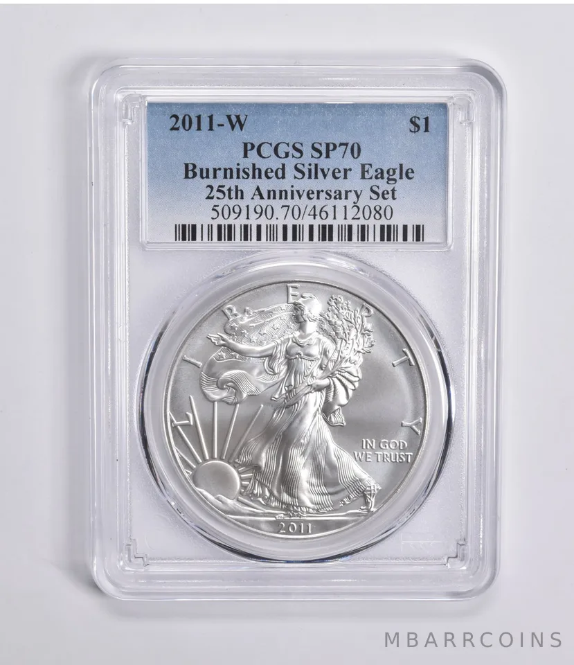 2011-W BURNISHED SILVER EAGLE 25th Anniversary Set SP70 PCGS Blue Lbl