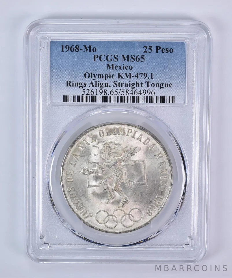 1968 Mo Mexico 25 Pesos Silver Olympic Rings Straight Tongue MS65 PCGS