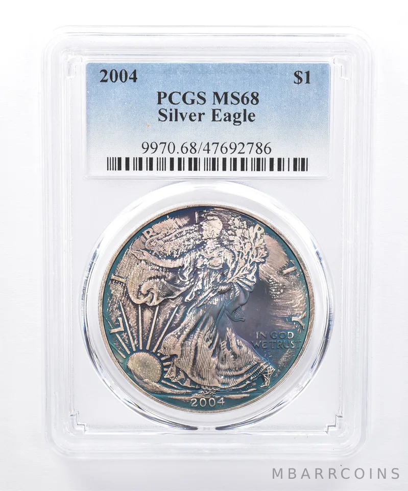 2004 American Silver Eagle MS68 PCGS Blue/Green Tone *8465