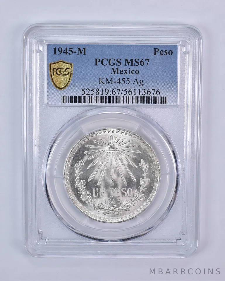 1945 M Mexico Peso Silver KM-455 MS67 PCGS Blue Label