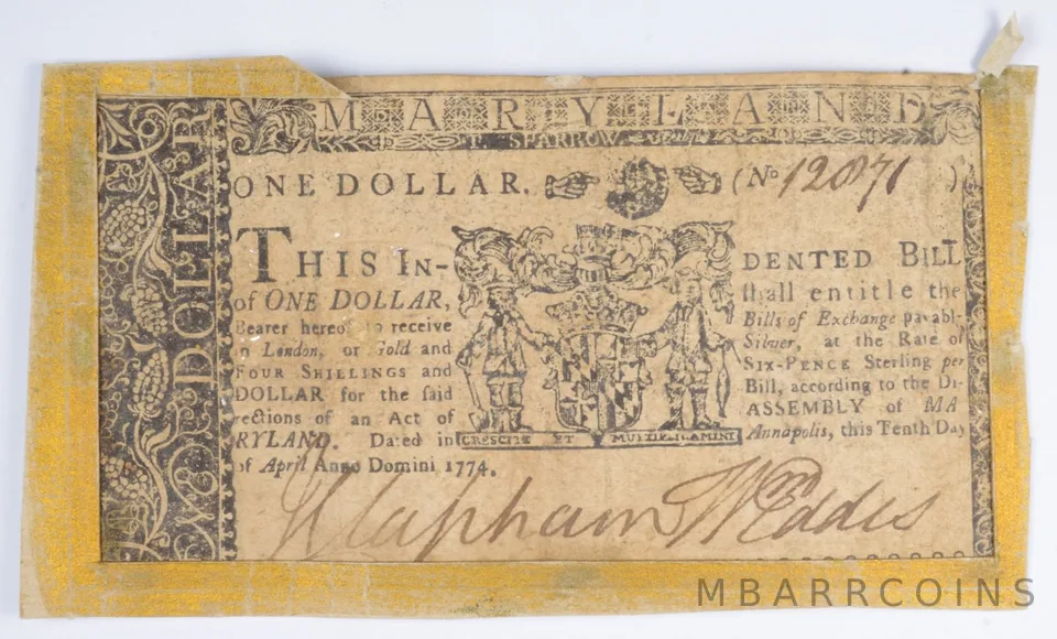 1774 Colonial Maryland - Annapolis 1 Dollar Note *2382