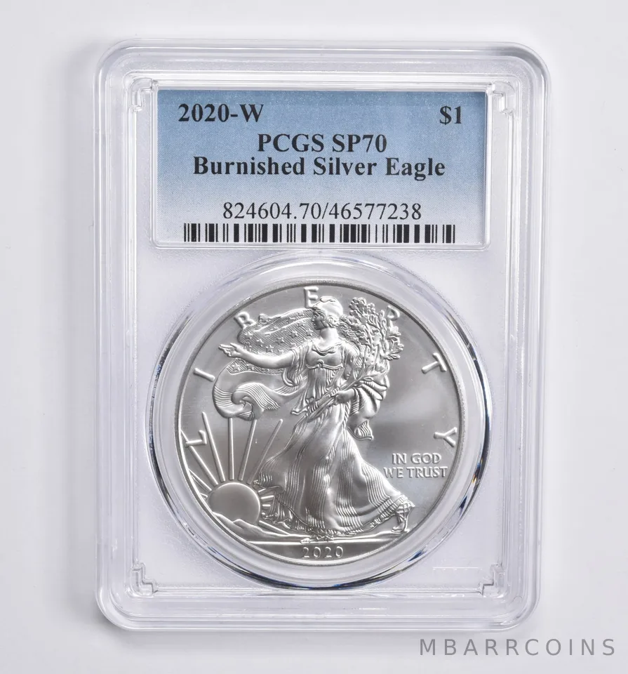 2020-W BURNISHED American Silver Eagle SP70 PCGS Blue Lbl