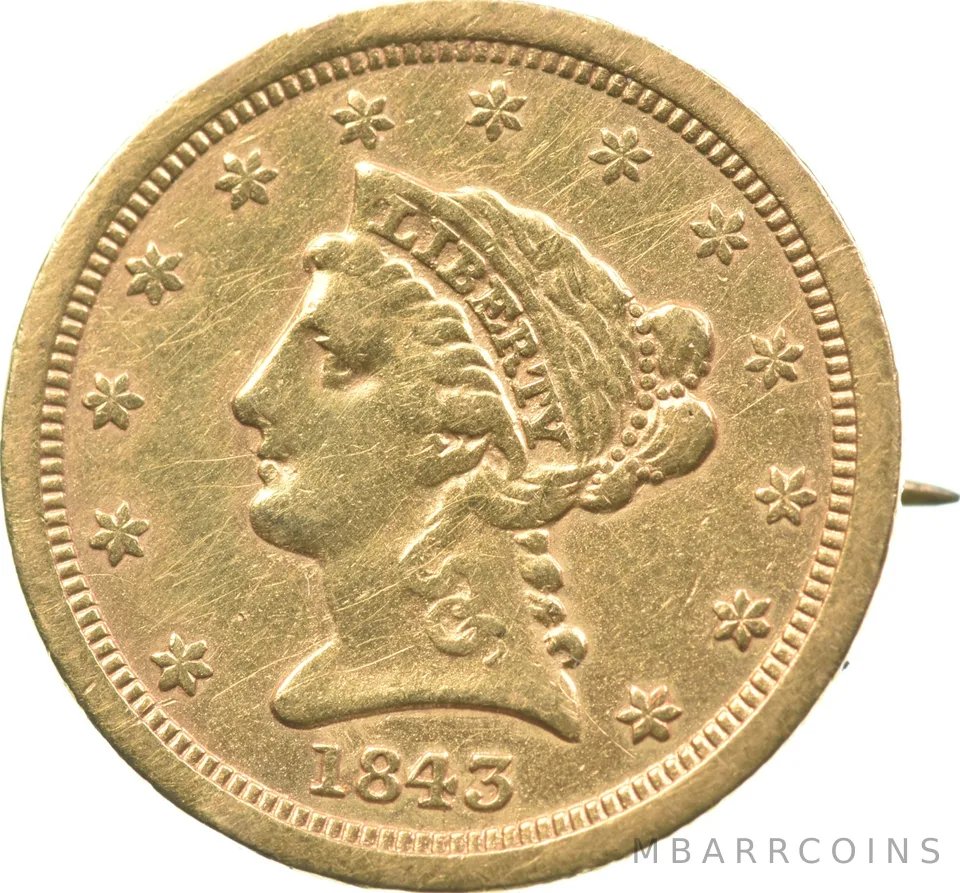 1843-O $2.50 Liberty Head Gold Quarter W/ Pin Attachment *3650