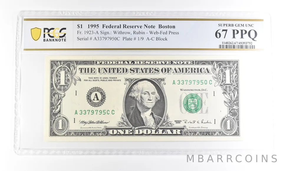 1995 $1 Boston MA FRN Fr#1923-A Superb Gem Unc 67 PPQ PCGS *2914