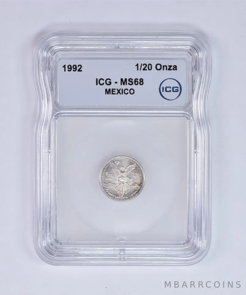 1992 Mo Mexico 1/20 Onza Silver Libertad MS68 ICG Beautiful Tone *8020