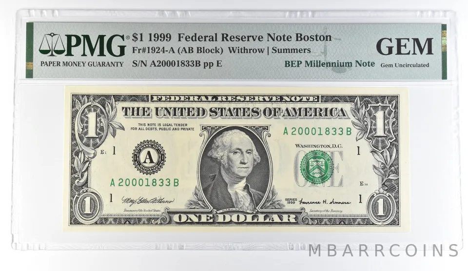 1999 $1 Boston MA FRN Fr#1924-A BEP Millennium Note PMG Fancy Serial *8103