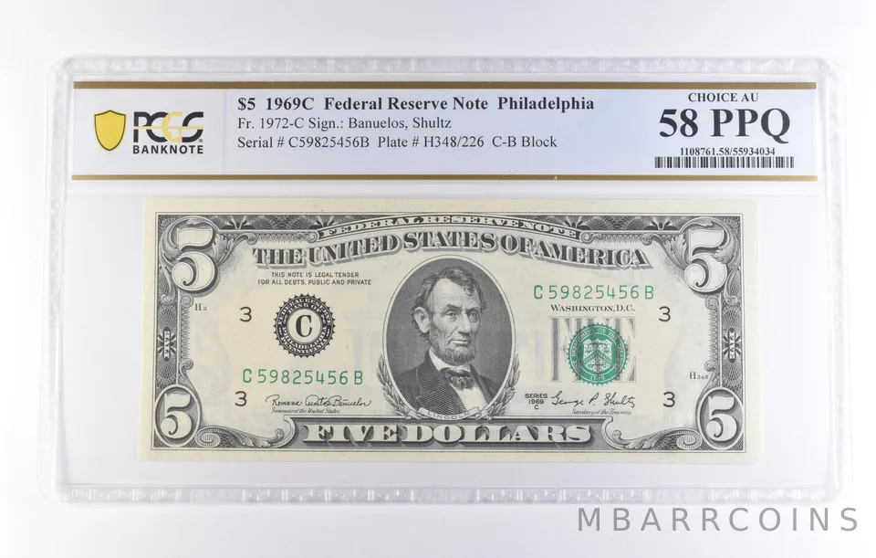 1969 C $5 Philadelphia PA FRN Fr#1972-C Choice AU 58 PPQ PCGS *8306