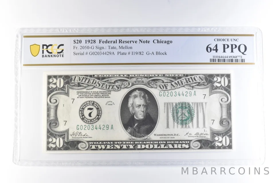 1928 $20 Chicago IL FRN Fr#2050-G Choice Unc 64 PPQ PCGS a6055