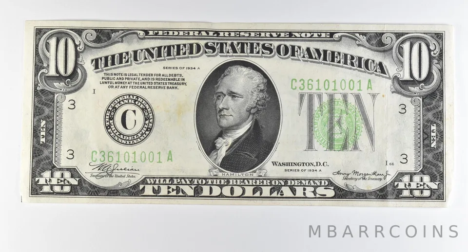 1934 A $10 Philadelphia PA FRN Light Green Seal *0323