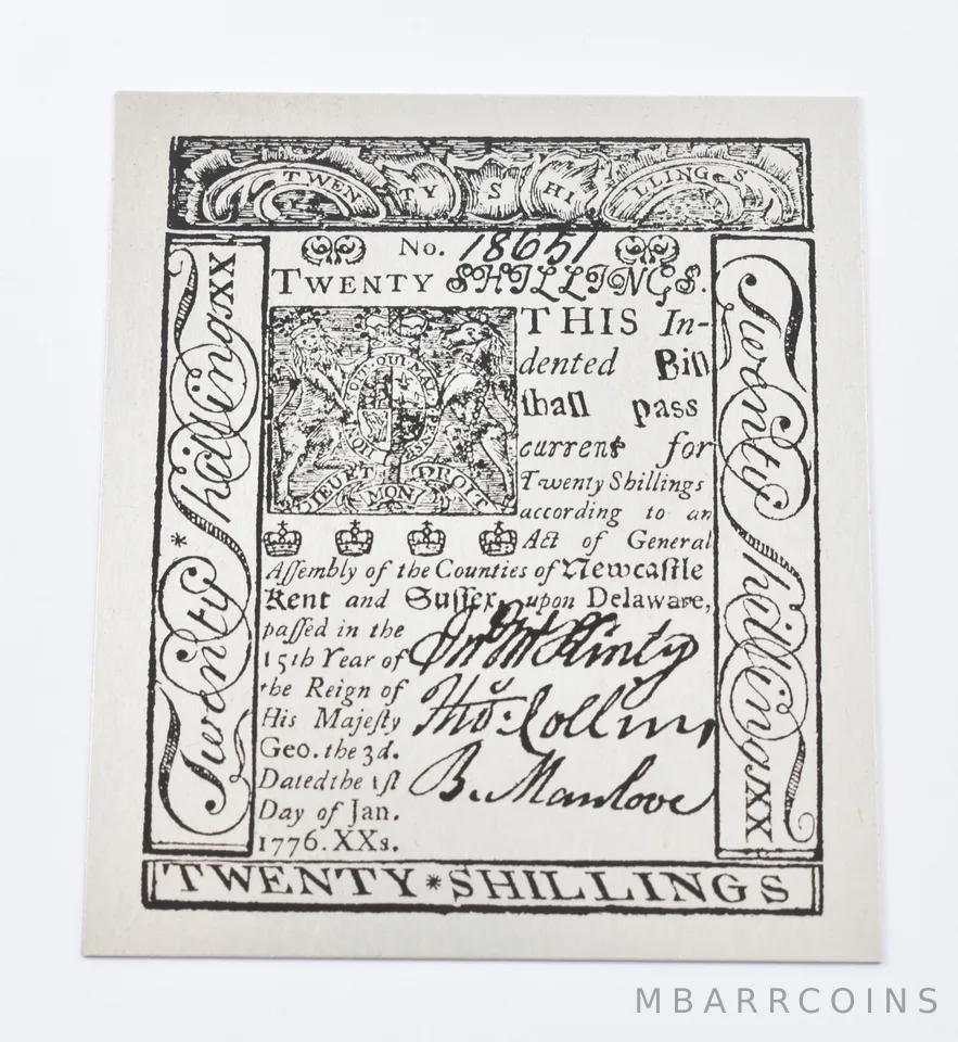 1776 20 Shillings Delaware Colonial Currency Silver Plate Pattern 31.5g a3271