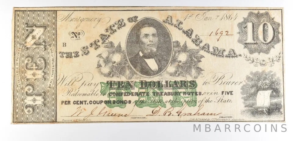 1864 $10 Alabama Obsolete Note *8623