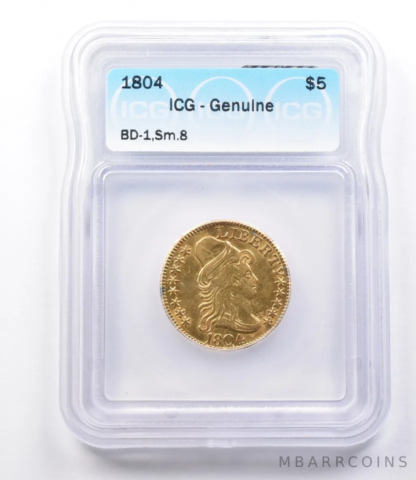 Genuine 1804 $5 Capped Bust Gold Half Eagle Small 8 ICG a1930