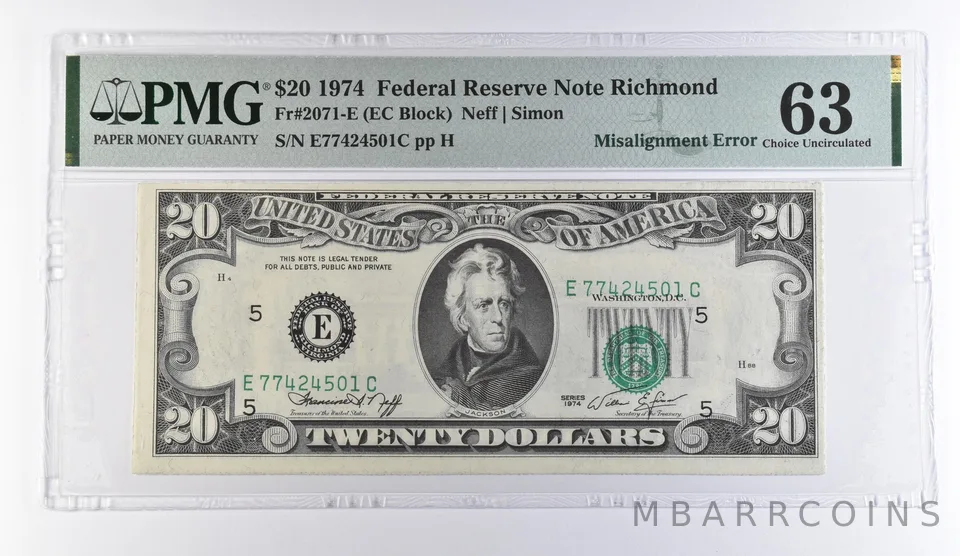 1974 $20 Richmond VA FRN Misalign Error Fr#2071-E Choice Unc 63 PMG *9460