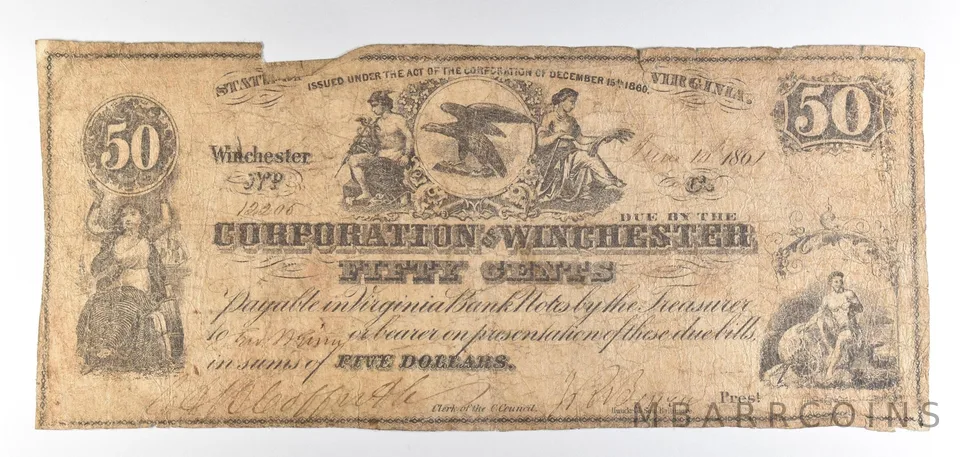 1861 50 Cents Winchester VA Obsolete Note *8827