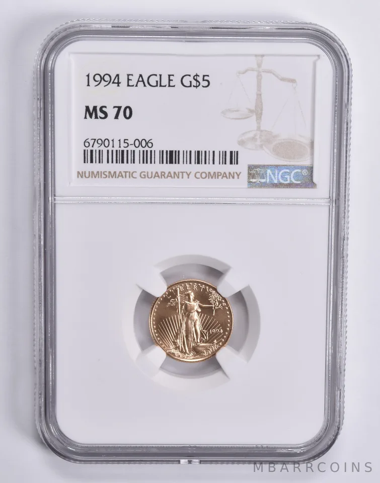 1994 $5 American Gold Eagle 1/10 Oz Gold MS70 NGC Brown Label