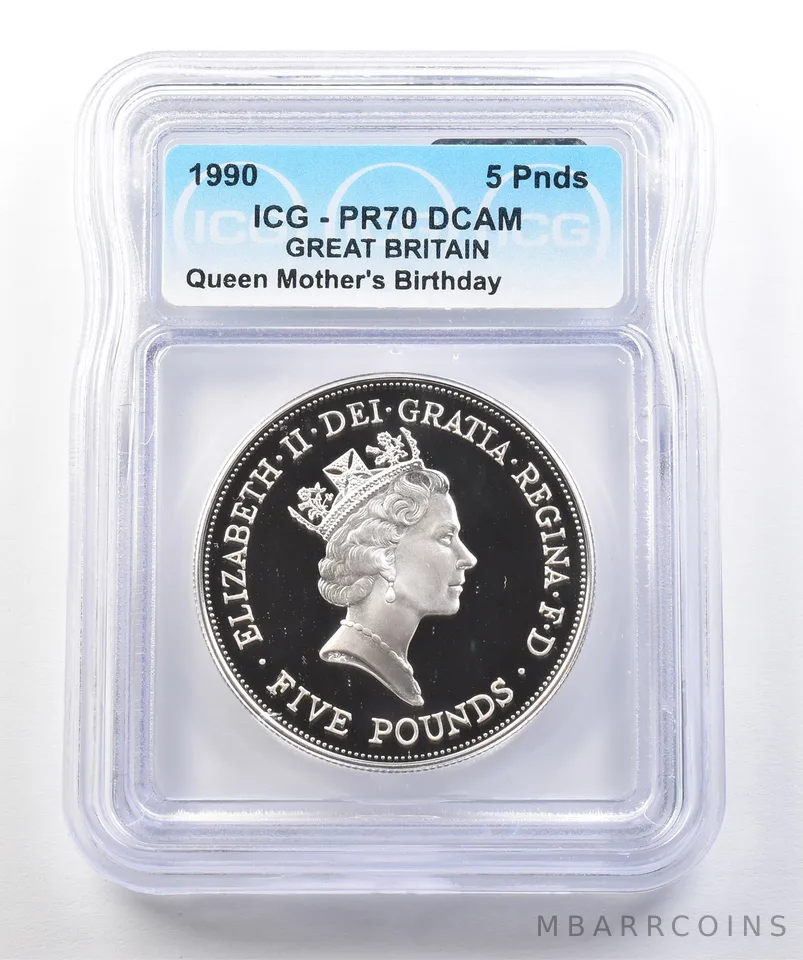1990 Great Britain 5 Pounds Queen Mother's Birthday PR70 DCAM ICG a0451