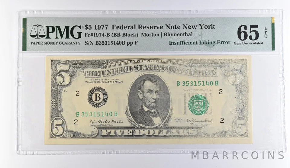 1977 $5 New York FRN Insufficient Inking Error Fr#1974-B 65 EPQ PMG *9441