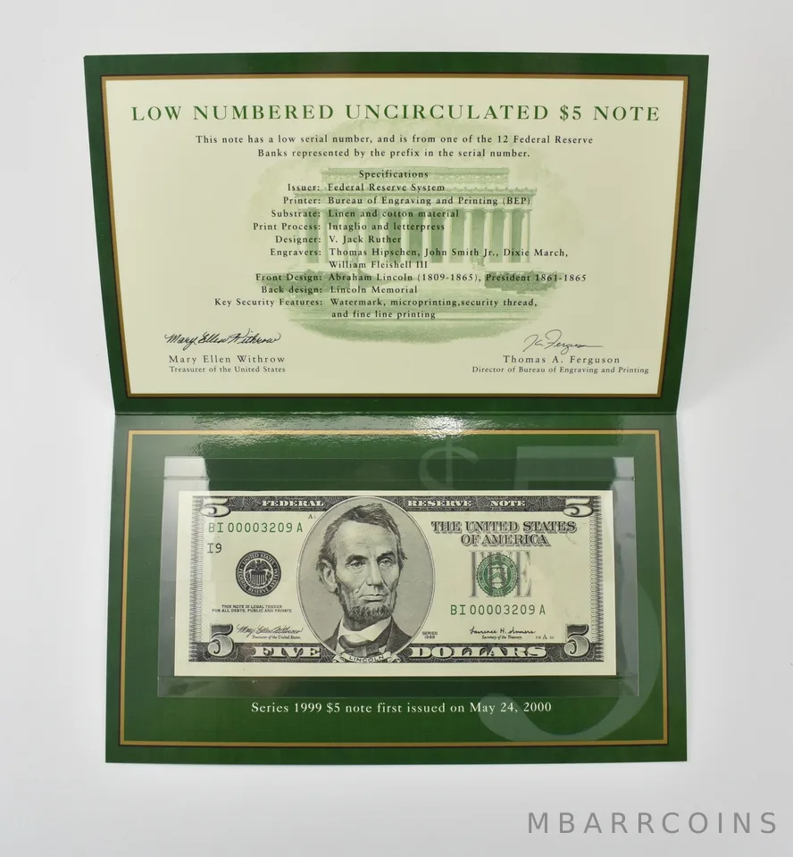 1999 $5 FRN I Bank Low Serial Number BEP a0392