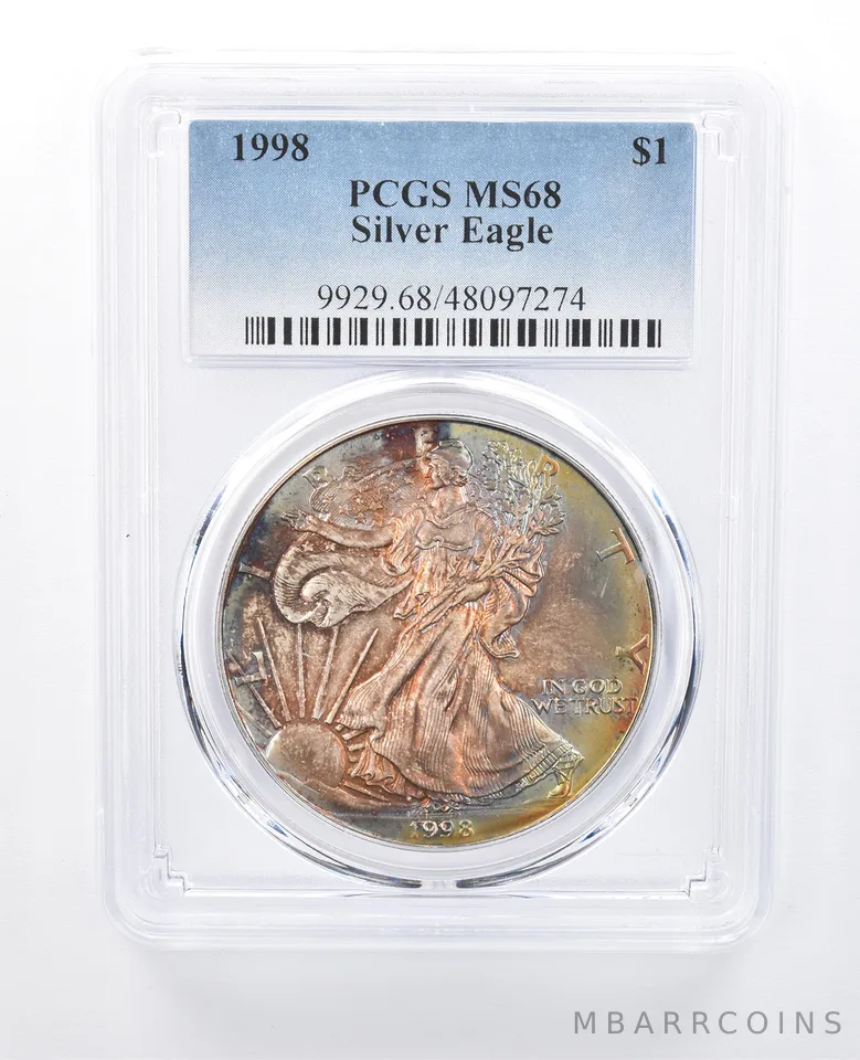 1998 American Silver Eagle MS68 PCGS Rainbow Tone *8087