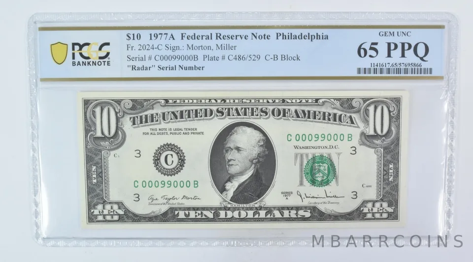 1977 A $10 Philadelphia PA FRN Fr#2024-C Radar Serial Gem Unc 65 PPQ PCGS a5975