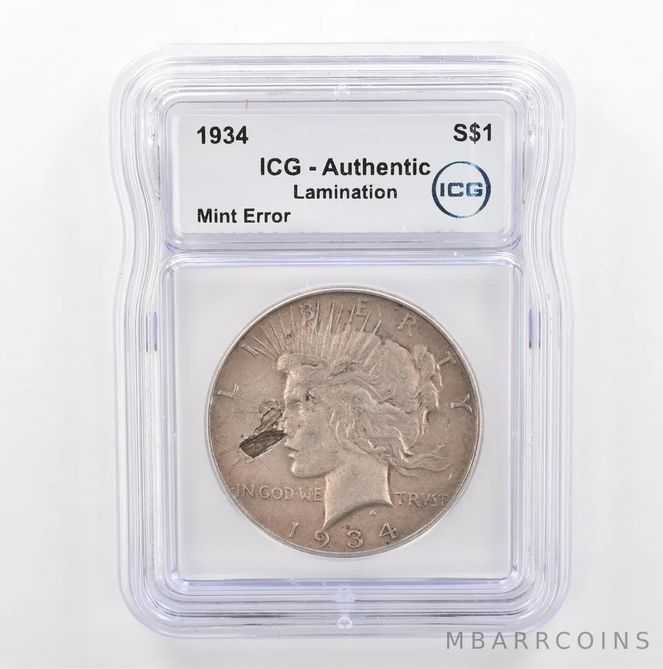 1934 Peace Silver $1 Mint Error Lamination Authentic ICG Beautiful Tone *5376