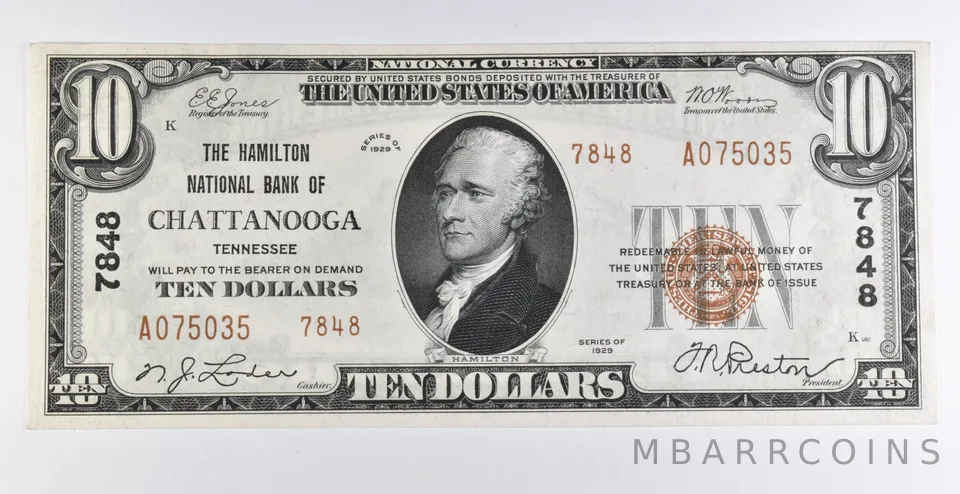 1929 $10 Chattanooga, TN US National Currency CH 7848 Brown Seal Unc a9745