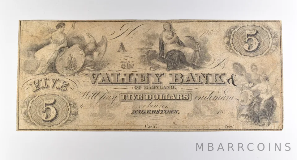 1860s $5 Hagerstown MD Valley Bank Obsolete Note *3844