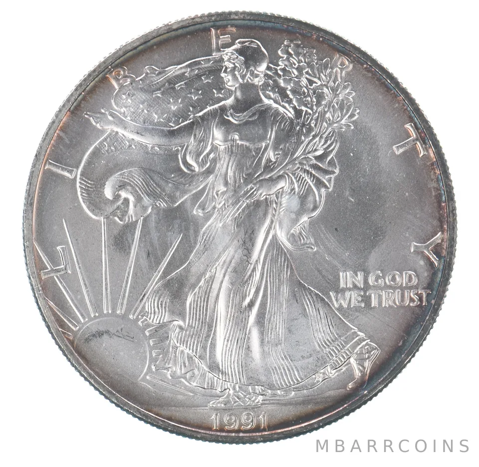 Beautiful Toned - 1991 American Silver Eagle 1 Troy Oz .999 Fine Silver *098
