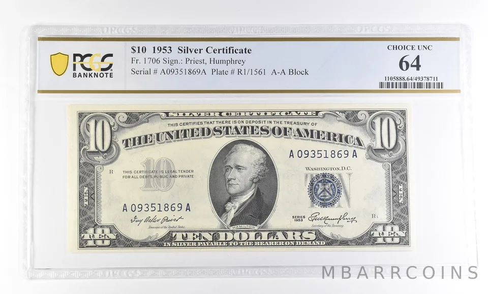 1953 $10 Silver Certificate Fr#1706 Choice Unc 64 PCGS a2767