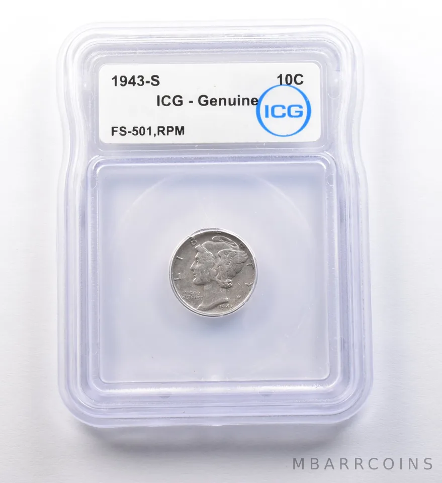 1943-S Mercury Dime FS-501, RPM Genuine ICG *9700