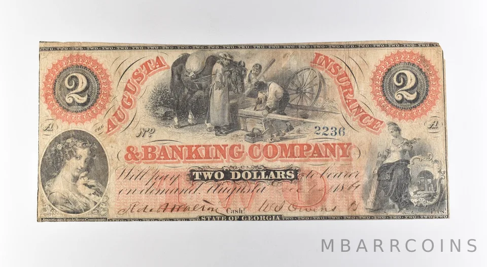 1861 $2 Augusta Insurance & Banking GA Obsolete Note *3155
