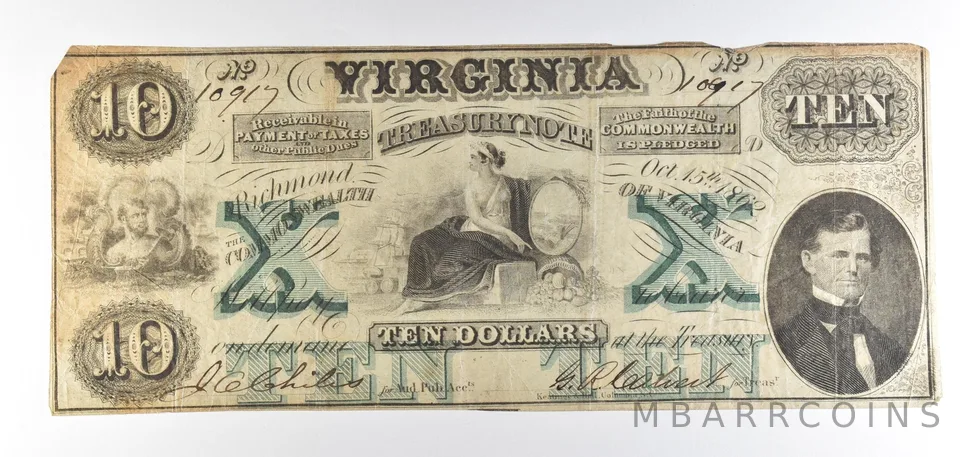 1862 $10 Richmond VA Treasury Note Obsolete Note *8758
