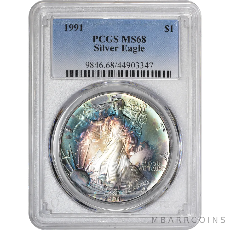 MS68 1991 American Silver Eagle PCGS Beautiful Blue Toning a2909