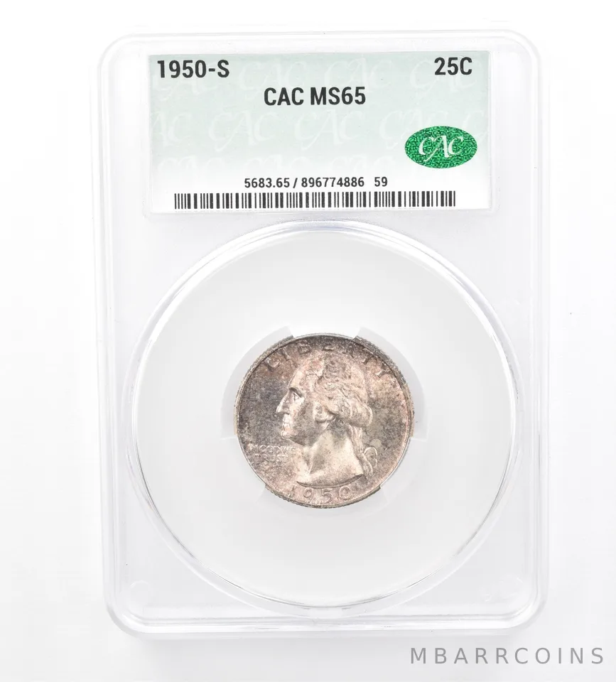 1950-S Washington Quarter MS65 CAC CACg Beautiful Tone a1559