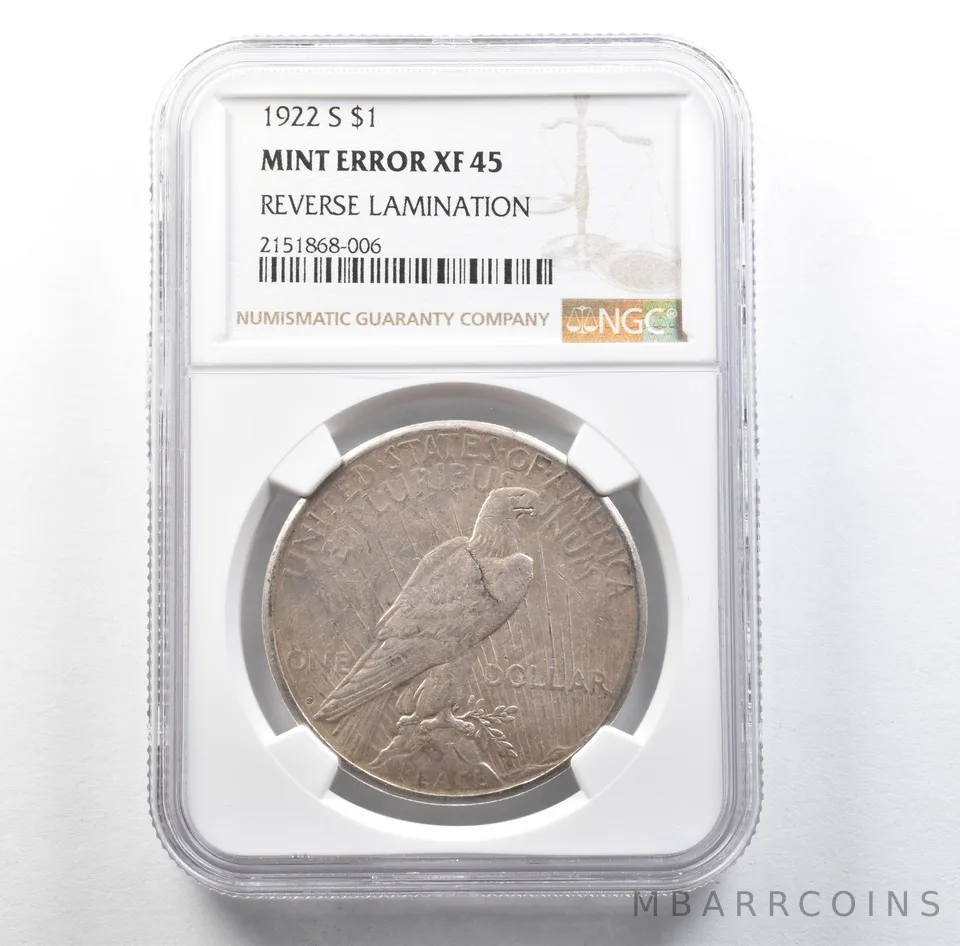 1922-S Peace Silver Dollar Mint Error Reverse Lamination XF45 NGC *3192