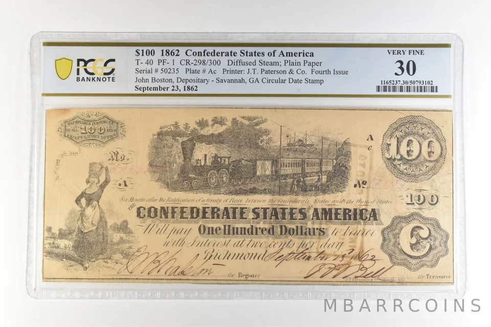 1862 $100 Confederate States T-40 PF-1 CR-298/300 Very Fine 30 PCGS *4422