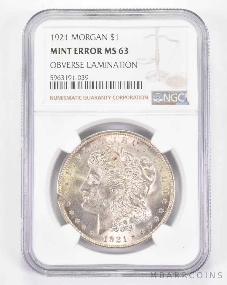 Mint Error MS63 1921 Morgan Silver Dollar - OBV Lamination - Graded NGC a8893